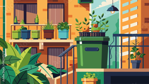 A colorful garden scene with a variety of potted plants and a green trash can. Scene is cheerful and lively, with the plants and the green trash can adding a pop of color to the scene