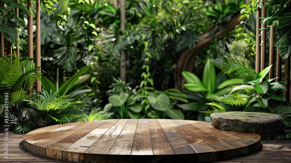 A wooden table is surrounded by a lush green jungle with flowers and plants. A wooden table is surrounded by a lush green jungle with flowers and plants.