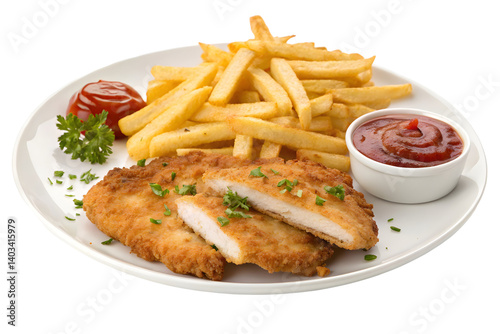 Crispy Wiener Schnitzel Dinner with Golden Chips and Tomato Ketchup.