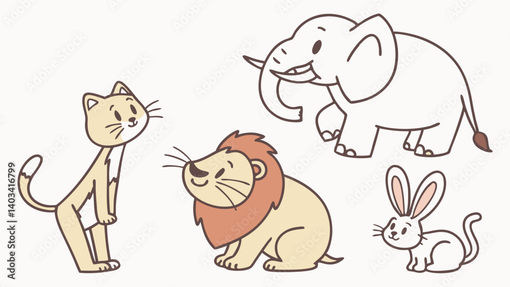 Obraz premium Adorable Cartoon Animals Cat, Lion, Elephant, and Rabbit Illustration