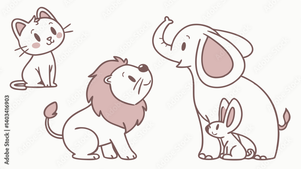 Obraz premium Adorable Cartoon Animals Cat, Lion, Elephant, and Rabbit Illustration
