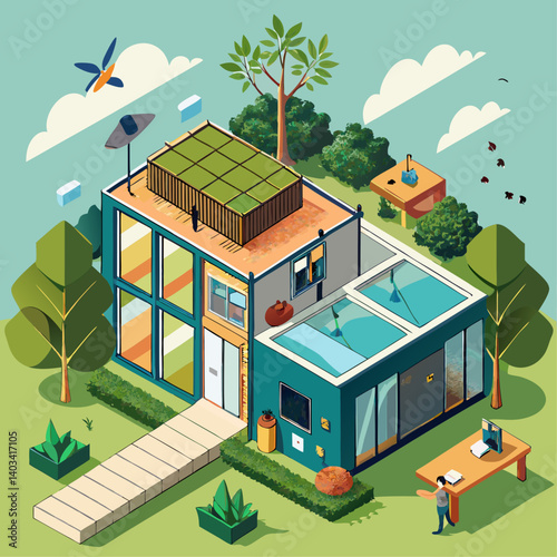 A house with a car in front of it. The house is surrounded by trees and has a green roof