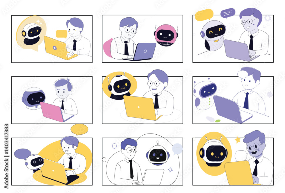 Fototapeta premium I technology set. Characters using artificial intelligence generative tools for business tasks, content creation, marketing, automation. Vector illustration