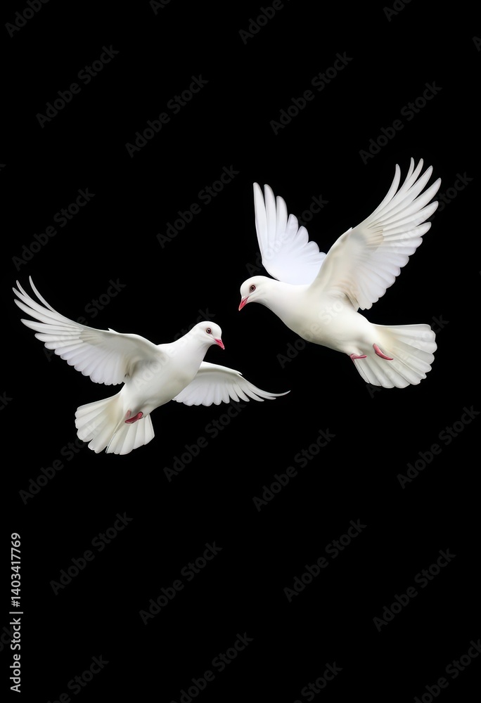 Fototapeta premium Two white doves in flight against a stark black backdrop, framed by white space, graphic, nature