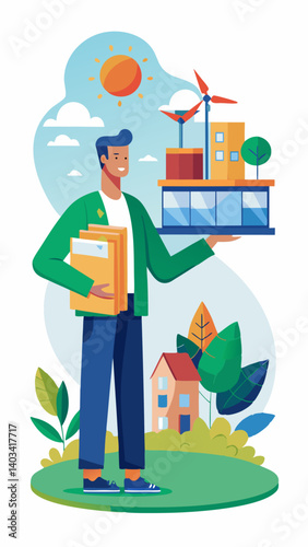 A man is holding a model house in his hand. The house is located in a green area with trees and grass. The man is dressed in a suit and tie, giving the impression of a professional or business setting