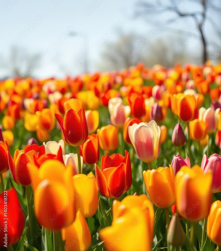 Vibrant tulips in a sun-drenched meadow, showcasing a rainbow of colors, dutch tulips, spring flowers Vibrant tulips in a sun-drenched meadow, showcasing a rainbow of colors, dutch tulips, spring flowers