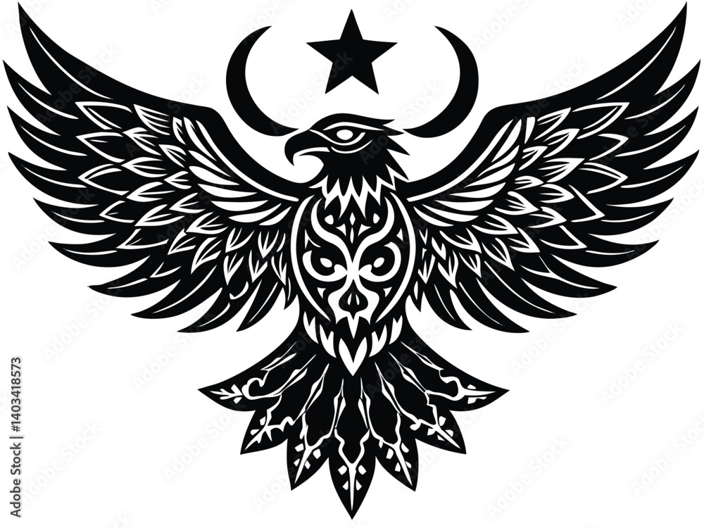 Obraz premium Tribal eagle with eyes replaced by stars, wings stretched across a crescent moon