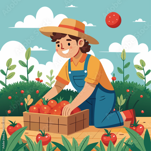 A young woman is picking tomatoes in a garden. She is wearing a straw hat and blue overalls
