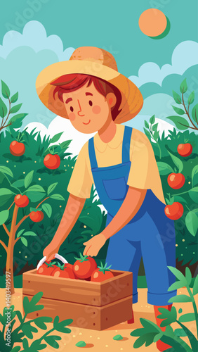 A young woman is picking tomatoes in a garden. She is wearing a straw hat and blue overalls
