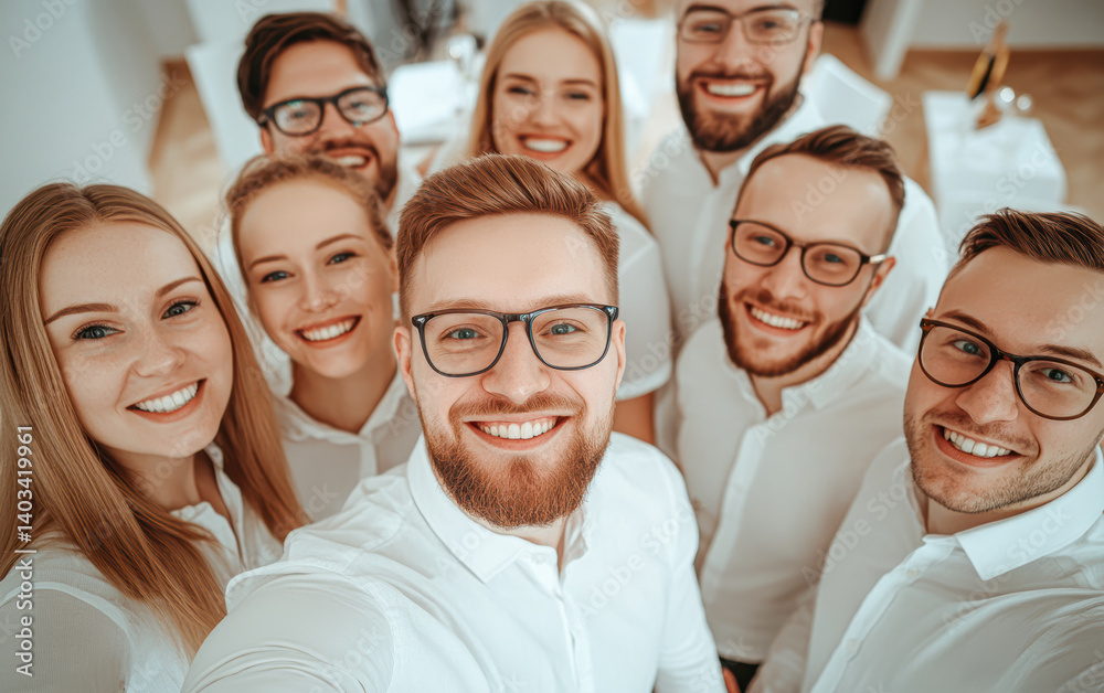 A group of smiling individuals posing for a cheerful selfie in a bright, modern setting. A group of smiling individuals posing for a cheerful selfie in a bright, modern setting.