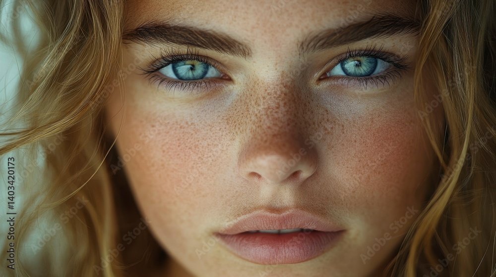 Close-up of face with freckles, wavy blonde hair, & bright blue eyes looking directly at the viewer Close-up of face with freckles, wavy blonde hair, & bright blue eyes looking directly at the viewer