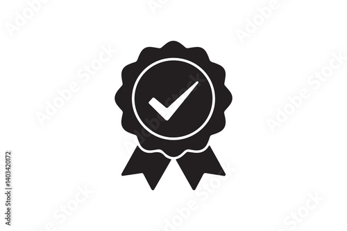 A black and white icon of a certified medal with ribbon.
