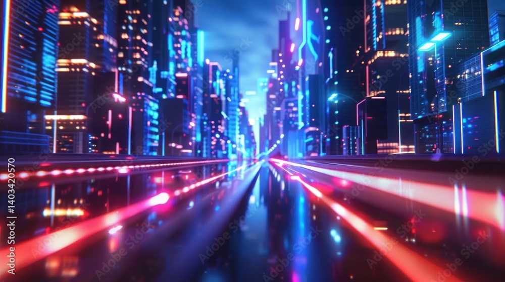 Highway road with speed running light effects through a modern city. Generated AI image Highway road with speed running light effects through a modern city. Generated AI image