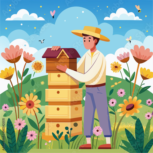 A man is standing in a field with a beehive in front of him. The scene is filled with flowers and butterflies, creating a peaceful and serene atmosphere