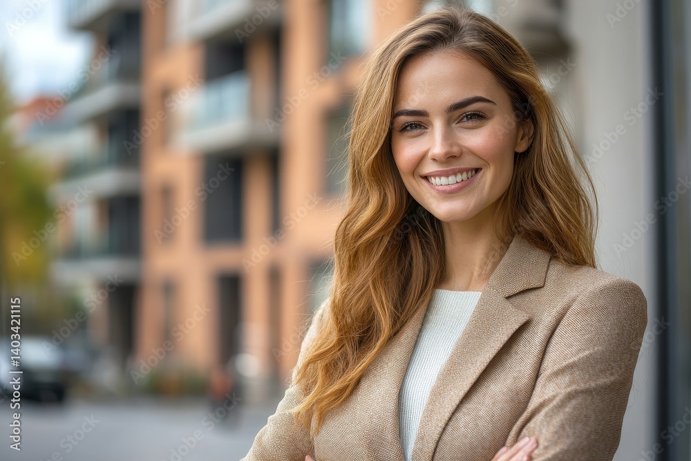 Portrait of a smiling woman with a blazer standing in front of a building with arms crossed outside Portrait of a smiling woman with a blazer standing in front of a building with arms crossed outside