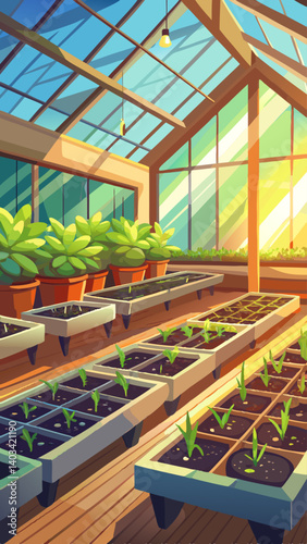 A greenhouse with plants in pots. The plants are growing in the pots and the pots are arranged in rows