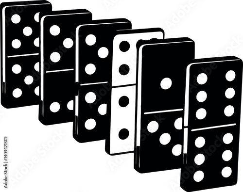 Row of Dominoes Falling in Succession with Varying Pip Patterns vector silhouette line art Generative AI