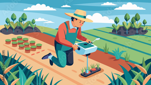 A man in a straw hat is looking at a box. He is in a field with a helicopter flying overhead