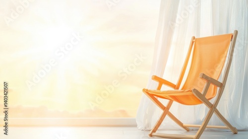 A bright orange beach chair sits in front of a window, with a view of the ocean and a bright sun.