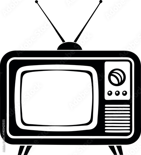 Black and white image of a vintage television with bunny ears antenna vector silhouette line art Generative AI