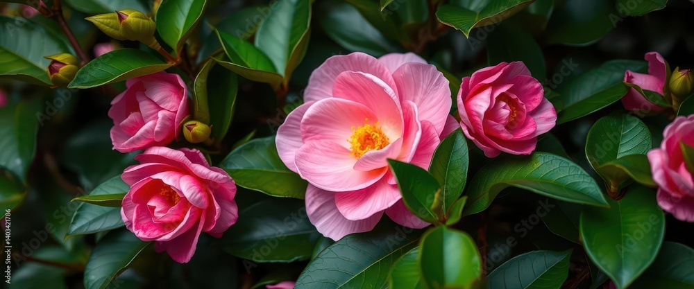 Delicate pink camellia nestled in vibrant green foliage, detail, background