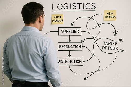 Man analyzing complex logistics flowchart with tariff detour, supplier change and cost increase notes, representing strategic supply chain planning..
