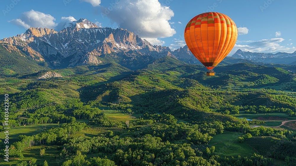 Naklejka premium Hot Air Balloon Soaring Over Majestic Mountain Range