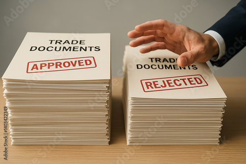 Close-up of stacks of trade documents labeled APPROVED and REJECTED, representing international trade decisions, compliance, and policy enforcement