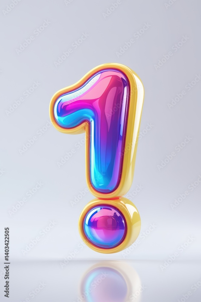 A glossy number one with a yellow border and a colorful gradient on a reflective white surface A glossy number one with a yellow border and a colorful gradient on a reflective white surface