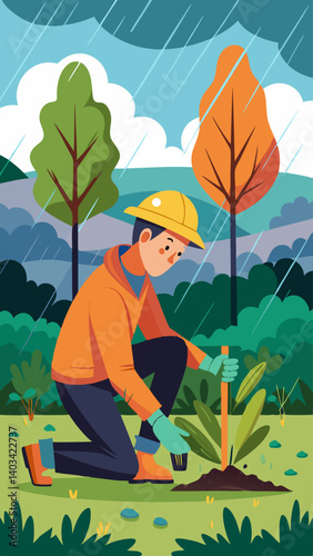 A woman is digging a hole in the ground with a shovel. She is wearing a yellow shirt and blue pants. The scene is set in a forest with trees and bushes. The woman is working on planting something
