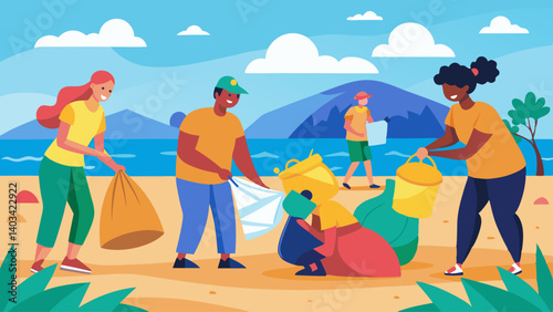 A group of people are picking up trash on a beach. Scene is positive and encouraging, as the people are working together to clean up the environment