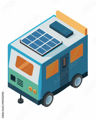 Perfect for mobile living a compact solarpowered generator can be easily transported and used to provide electricity for RVs camper vans and boats.. Vector illustration