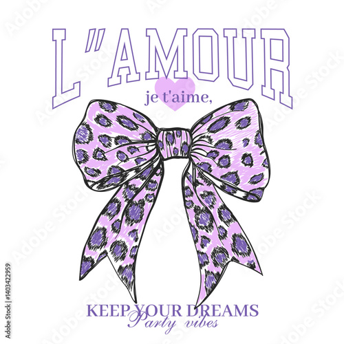 Lamour je t amie cute quote slogan typography. bow with slogan typography, vector illustration, for t-shirt graphic. bow ribbon  pattern repeating hand drawn. 