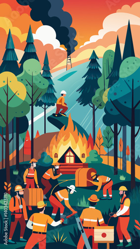 A group of firefighters are gathered around a fire, with one man holding a fire extinguisher. The scene is set in a forest, with trees and a fire in the background. Scene is tense and serious