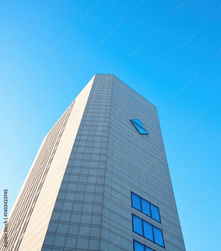 Sleek, textured modern building against a vibrant blue sky, urban landscape, skyline Sleek, textured modern building against a vibrant blue sky, urban landscape, skyline