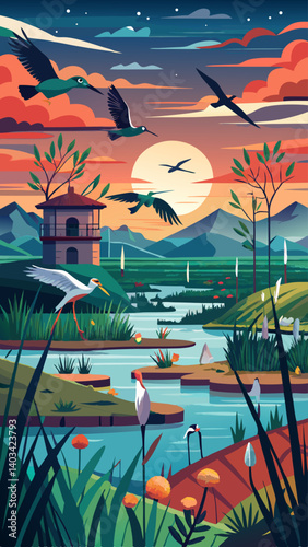 A colorful illustration of a river with birds flying over it. The birds include a pelican, a duck, and a goose. The scene is peaceful and serene, with the birds