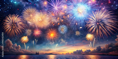 Fireworks with a dreamy watercolor effect on a night sky