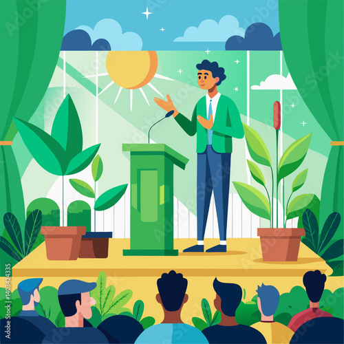 A man stands at a podium in front of a crowd of people. He is giving a speech on a stage with a green backdrop. The audience is attentive and listening to the speaker