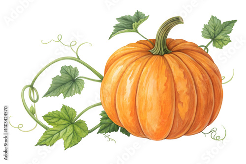 Single Orange Pumpkin with Stem Isolated on Plain Background.
