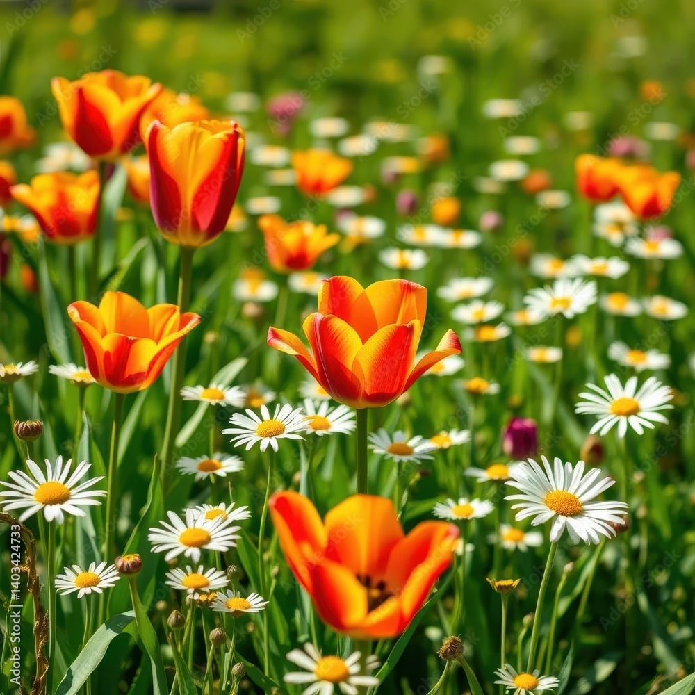 Vibrant tulips and daisies bloom in a sun-drenched meadow, nature, field, petals Vibrant tulips and daisies bloom in a sun-drenched meadow, nature, field, petals
