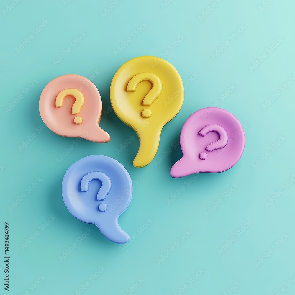 Colorful question mark speech bubbles on a teal background. A concept image representing questions, queries, inquiries, and decision-making. Colorful question mark speech bubbles on a teal background. A concept image representing questions, queries, inquiries, and decision-making.