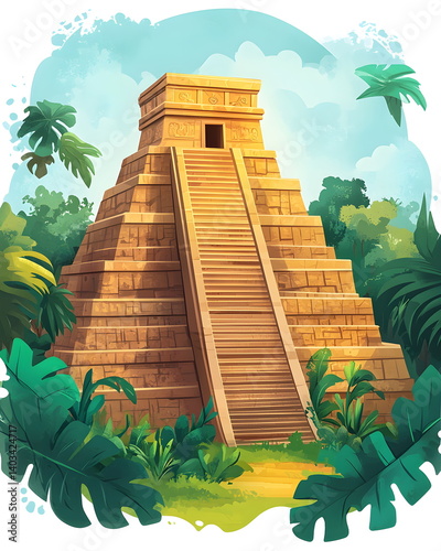 A whimsical sticker of Chichen Itza in a playful style, featuring a simplified stepped pyramid with a staircase wrapped in jungle vines, soft pastel tones, flat colors, clean outline, and bold lines. photo