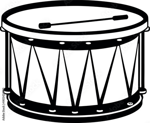 Monochrome illustration of a snare drum and drumstick on white backdrop vector silhouette line art Generative AI