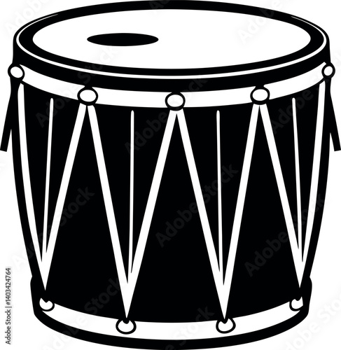 Black and white line drawing of a traditional drum with tension ropes vector silhouette line art Generative AI