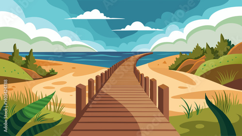 A wooden bridge spans a body of water, with a beach in the background. The sky is cloudy, and the beach is sandy