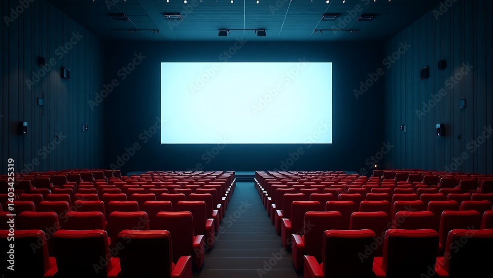 Obraz premium Empty Cinema Hall with Red Seats and Large Blank Screen Movie Theater Interior Background