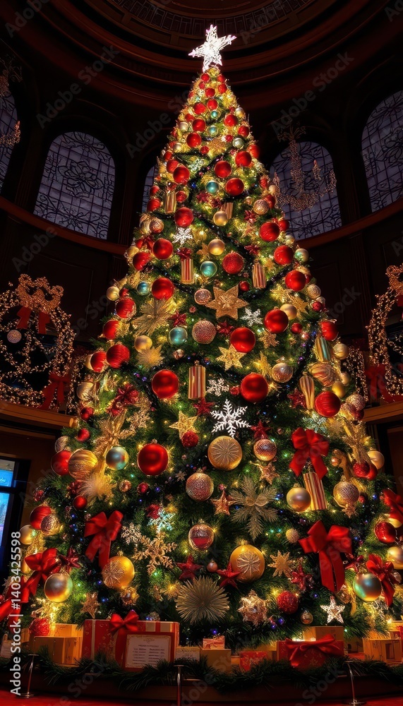 A majestic Christmas tree, shimmering with ornaments, lights, and garlands, winter wonderland, holiday, holiday spirit A majestic Christmas tree, shimmering with ornaments, lights, and garlands, winter wonderland, holiday, holiday spirit