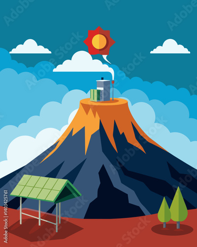 Perched on the edge of a volcanic crater a solarpowered research station conducted research on the seismic activity and impact on surrounding wildlife.. Vector illustration