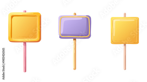 3d cartoon placard on stick. Isolated on white background. Plastic style icon