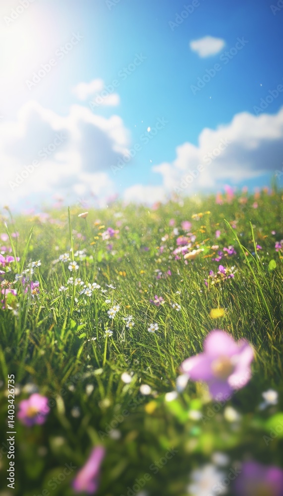 Fototapeta premium Vibrant spring meadow with wildflowers under a bright sky in a dreamlike and hyper realistic style